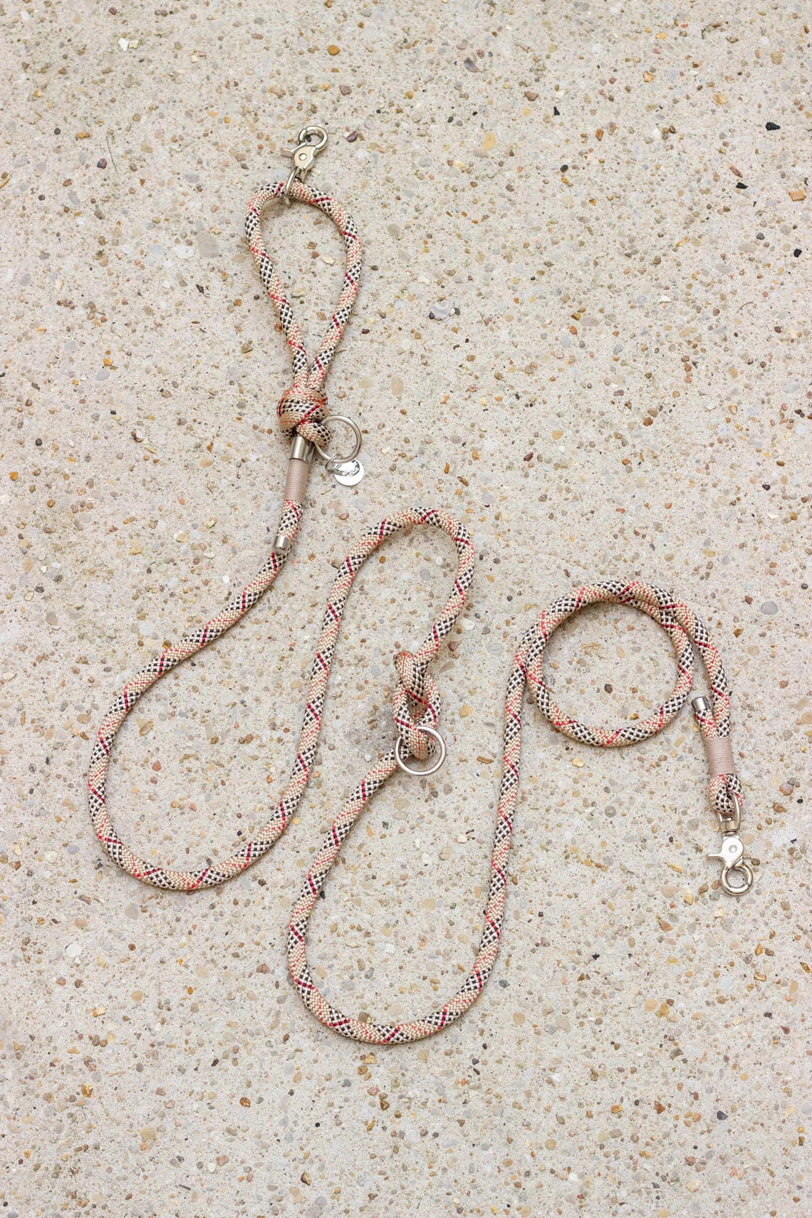 Set: Rope Collar + Leash | Beige with Plaid Pattern
