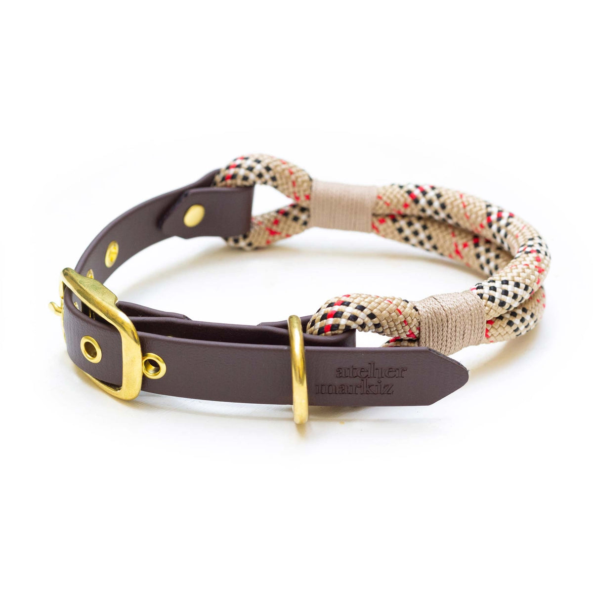 Set: Rope Collar + Leash | Beige with Plaid Pattern