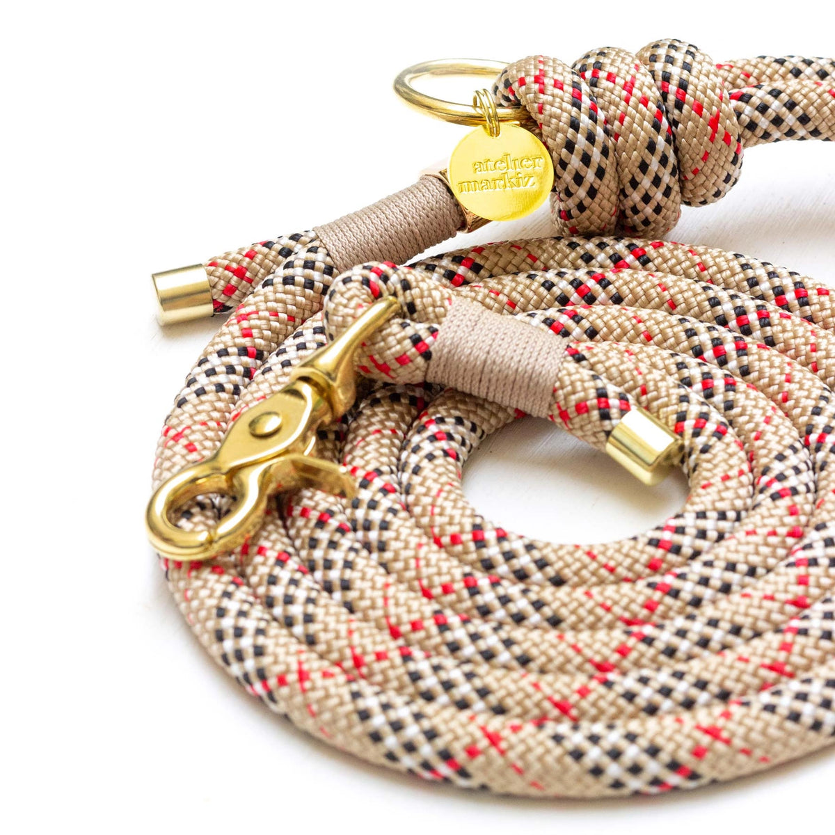 Set: Rope Collar + Leash | Beige with Plaid Pattern